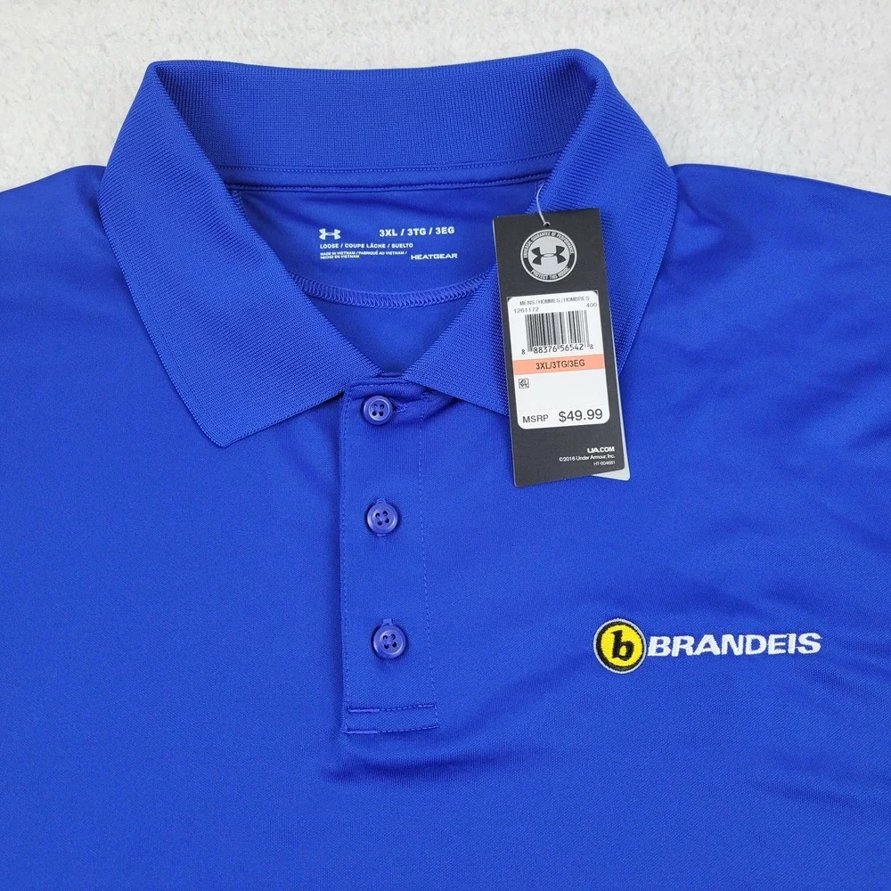 Under Armour Polo Shirt Mens 3XL Blue HeatGear Performance‎ Brandeis Logo Golf